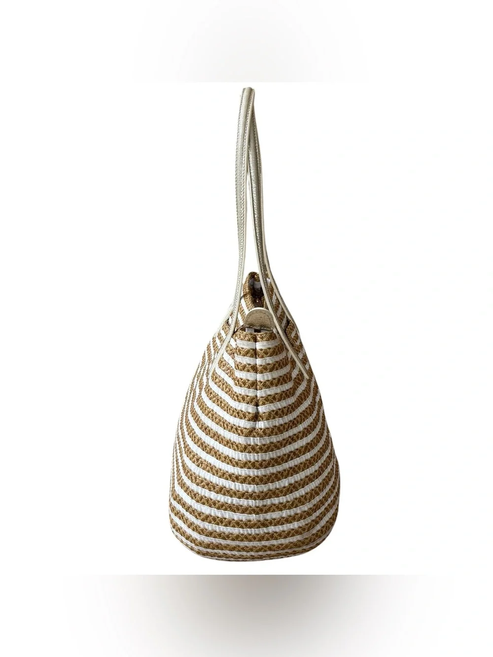 ERIC JAVITS Isla “Squishee” Straw & White Grosgrain Tote w/ Gold Leather Straps